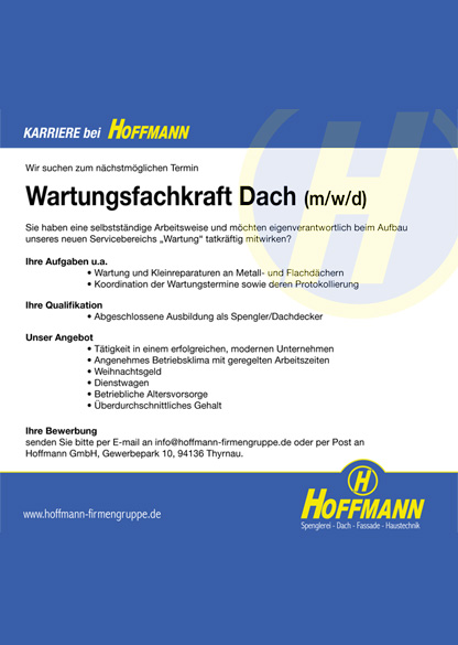 Stellenanzeige Job Wartungsfachkraft Dach (m/w/d)