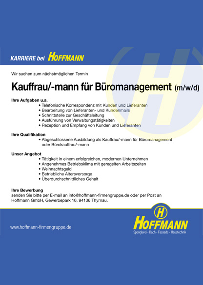 Stellenanzeige Job Kauffrau/-mann für Büromanagement (m/w/d)