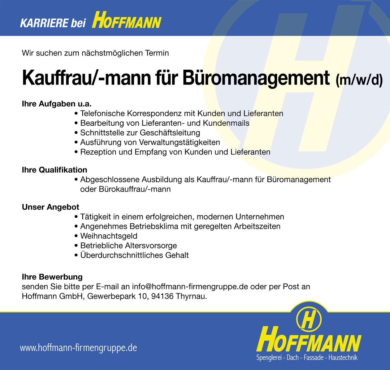 Stellenanzeige Job Kauffrau/-mann für Büromanagement (m/w/d)