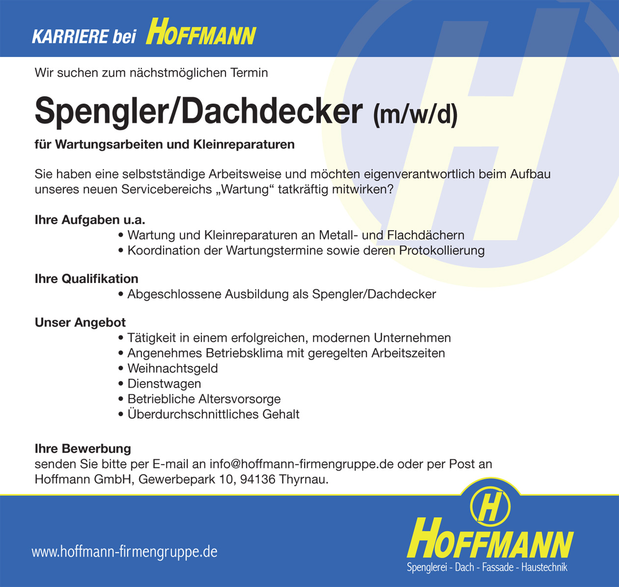 Stellenanzeige Job Spengler/Dachdecker (m/w/d) Hoffmann