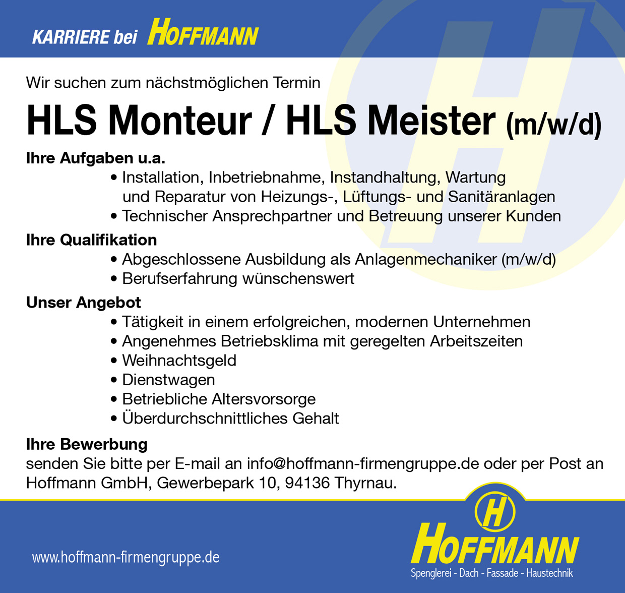 Stellenanzeige Job HLS Monteur / HLS Meister (m/w/d) Hoffmann