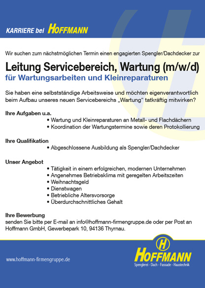 Stellenanzeige Job Spengler, Dachdecker zur Leitung Servicebereich, Wartung Hoffmann