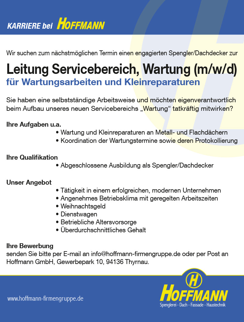 Stellenanzeige Job Spengler, Dachdecker zur Leitung Servicebereich, Wartung Hoffmann