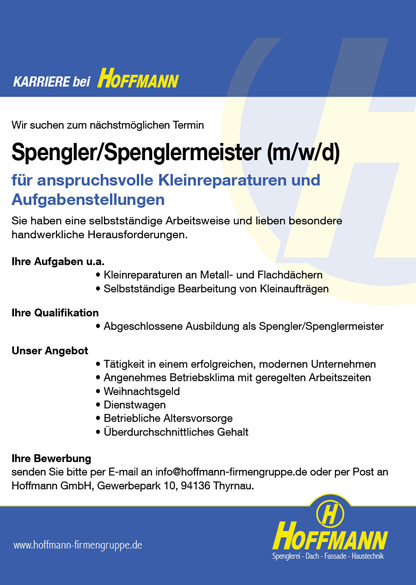 Job Stellenanzeige Hoffmann Spengler/Spenglermeister (m/w/d)