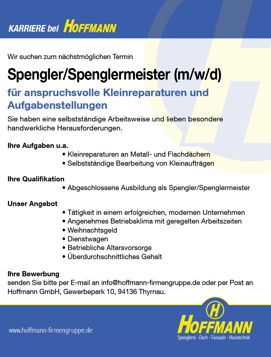 Job Stellenanzeige Hoffmann Spengler/Spenglermeister (m/w/d) 