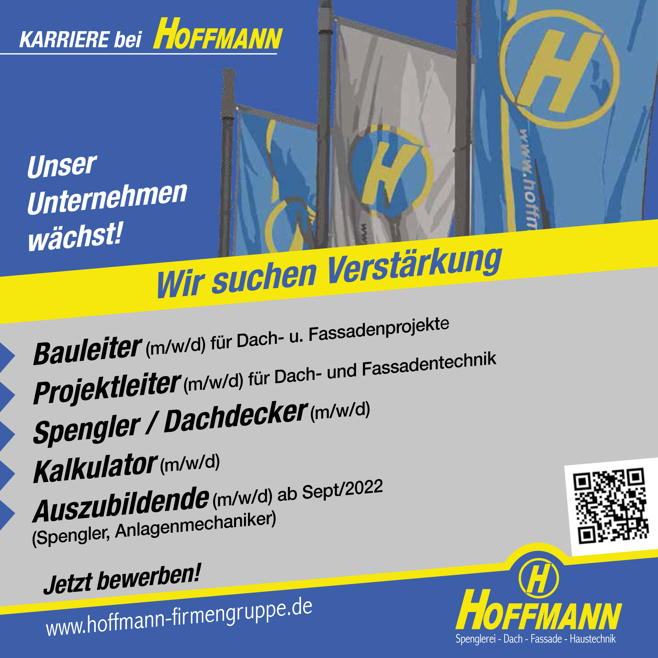 Hoffmann GmbH Job Karriere Stellenanzeige Bauleiter, Projektleiter, Spengler / Dachdecker, Kalkulator, Kalkulator, Azubi 