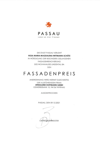 Anerkennung für Hoffmann - Fassadenpreis der Stadt Passau