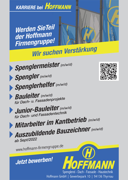 Hoffmann sucht Spenglermeister, Spengler, Spenglerhelfer, Bauleiter, Junior-Bauleiter, Mitarbeiter im Kantbetrieb, Auszubildende Bauzeichner (m/w/d)